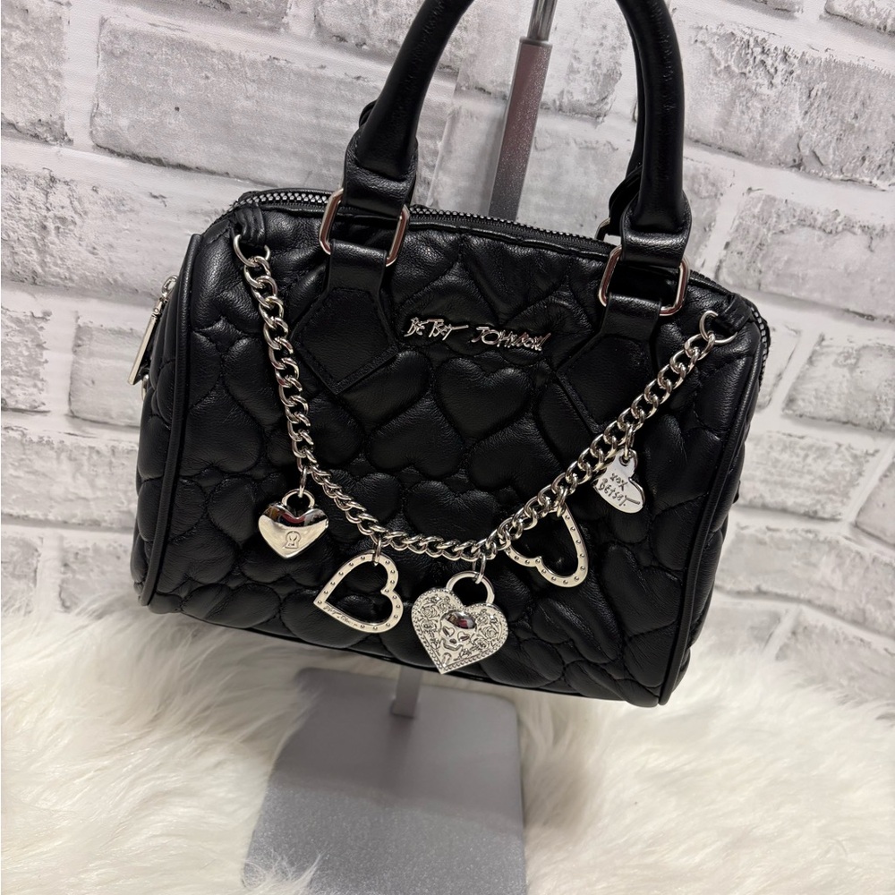 Betsey Johnson Black Heart-Quilted Satchel